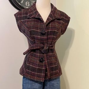 CABi Brown wool blend Tie Vest- vibrant Houndstooth woven XS